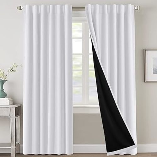 H.VERSAILTEX 100% Blackout Curtains for Bedroom with Black Liner Full Room Darkening Curtains 84 Inches Long Thermal Insulated Back Tab/Rod Pocket Window Drapes for Living Room, 2 Panels, Pure White