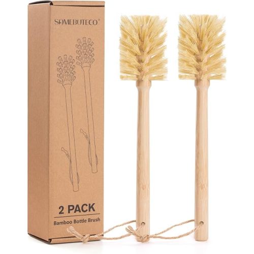 Natural Bamboo Cup Cleaning Brush Set of 2 – 11.3 Inch Sisal Bristle Bottle Brush with Flat Head Design, Wooden Handle with Hanging Hole & Rope for Cups, Mugs, Glasses, Water Bottles