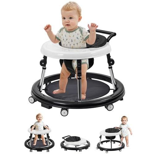 Baby Walker with Wheels: Adjustable Height & Foldable Design, Mute Wheels & Anti-Rollover Feature, Includes Footrest, Perfect for Boys & Girls 6-18 Months