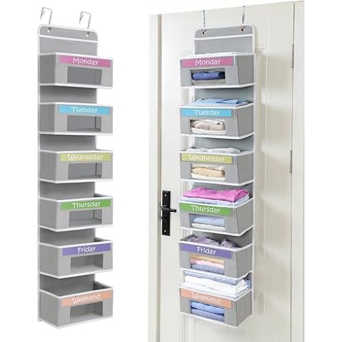 Housables Weekly Clothes Organizer for Kids, Days of the Week Clothes Organizer, Kids Closet, Daily Outfit Storage, Monday through Friday Clothing, Weekday, M-F, School, Hanging, Over Door, 6 Shelf