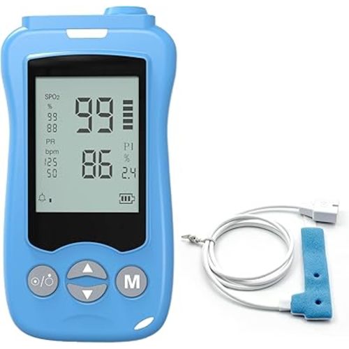 Handheld Fingertip Pulse Oximeter, Pediatric Pulse Ox with Soft Wrap Probe, Infant Pulse Oximeter for Babies Kids Adult, Continuous Monitoring Spot Checking, Fast Reading SpO2 Pulse Rate Respiration Rate, Adjustable Audio Visual Alarm (Blue)