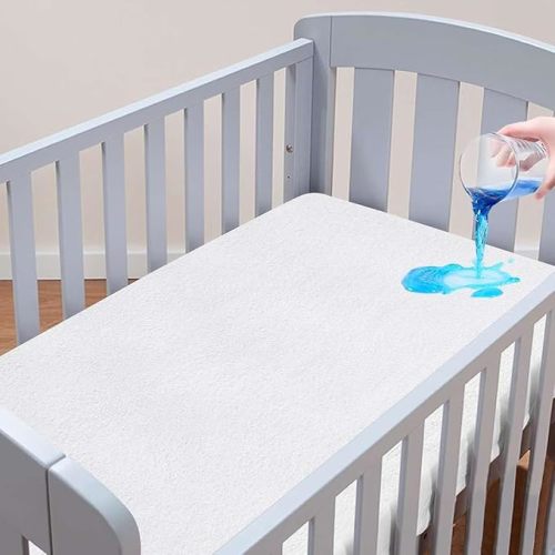 NON Sticky cotton Waterproof Terry Cotton Mattress Protector, 15" Deep Pocket Fitted Cover, Breathable Noiseless Washable, Crib 52" x 28", Solid White, Pack of 1