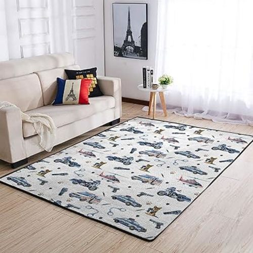 Watercolor Police Vehicles Car Motorcycle Helicopter Area Rugs Police Dogs Throw Mats Floor Carpet for Living Room Boy Kids Toddler Nursery Bedroom Bathroom Kitchen Classroom Playmat 20x32inch