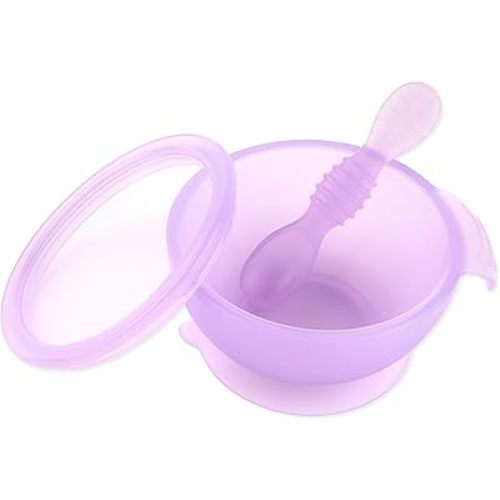 Bumkins Feeding Set with Suction, Includes Spoon and Lid, Training Essentials for Baby-Led Weaning, Toddler Self-Feeding, Babies Eating at 4 Mos Up, Purple Jelly