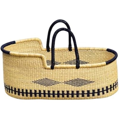 Handwoven Moses Basket, Bolga Woven Elephant Grass, Optional Mattress