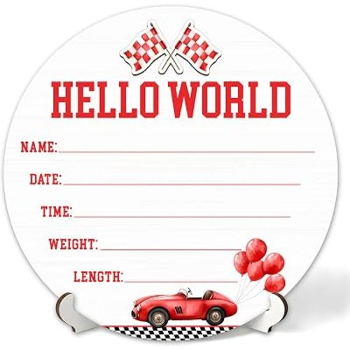 3D Red Racing Car Hello World Newborn Sign for Hospital, Racing Car Baby Announcement Sign for New Baby Boy Girl, Welcome Babies Birth Wooden Signs for Nursery, Newborn Photography Props-A03