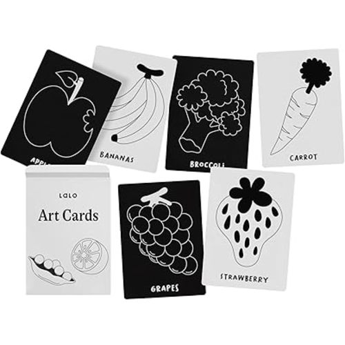 Lalo Art Cards - Set of 6 High Contrast Baby Cards for Infants - Printed with Soy-Based Ink, Lead & Phthalate-Free - Newborn Brain Development Toys - Fruits & Veggies