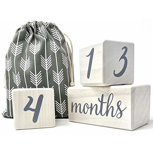 Pondering Pine Baby Milestone Blocks - Natural White Stain Pine Wood with Weeks Months Years Grade - Milestones Age Block Set with Bag, Newborn Weekly Monthly First Year Picture Props, Earth Friendly