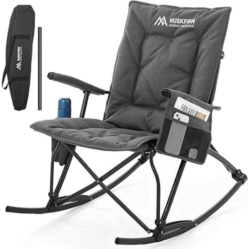 Oversized Rocking Camping Chair Folding Rocking Chair with High Back Padded Outdoor Rocking Chair Heavy Duty Portable Rocker Chair for Camping, Lawn and Patio, Supports Up to 400 lbs, Grey