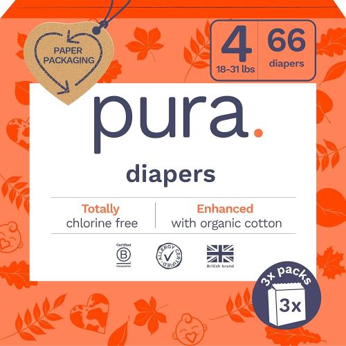 Pura Size 4 Eco-Friendly Diapers (18-31lbs) TCF Hypoallergenic, Soft Organic Cotton, Sustainable, up to 12 Hours Leak Protection, Allergy UK, Recyclable Packaging, 3 Packs of 22 (66 Diapers)