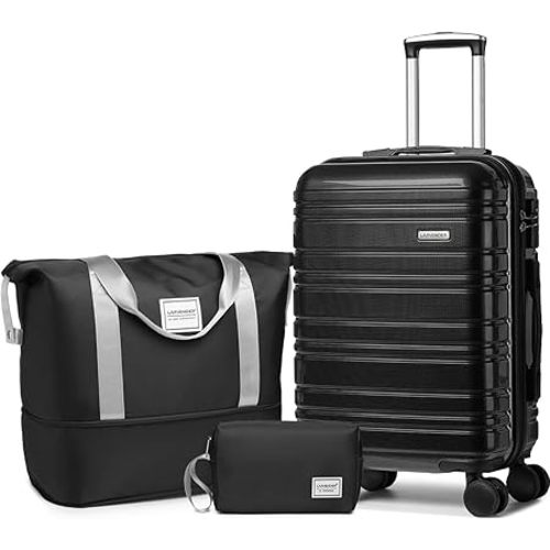 LARVENDER Carry on Luggage 22x14x9 Airline Approved, 20 Inch Hardside Suitcase with Wheels TSA Lock, PC+ABS Lightweight Travel Luggage Sets for Women, Glossy Black, 3 Piece Set