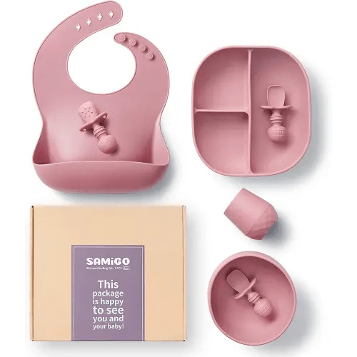 SAMiGO Silicone Baby Feeding Set, Baby Led Weaning Supplies, Suction Bowl Plate Bib Cup Self Feeding Spoons, Solid Food Eating Essentials, First Stage Utensils, 6+ Months