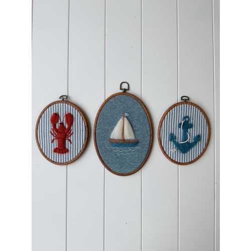 Coastal Needle Felt Wall Art Set, Sailboat Anchor & Lobster Decor, Handmade Nautical Hoop Art, Coastal Cottage Decor