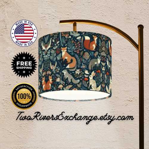 Blue Book Nook Floor Lamp, Lamps w Woodland Critters Midnight Toile Lampshade, Wood Tripod Lamp, Standing Lamp, For Living Room Kids Bedroom