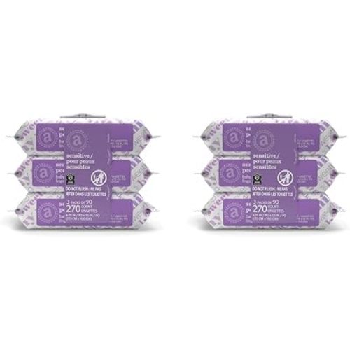 Amazon Elements Baby Wipes, Sensitive, Unscented, Cleans Gently, 270 Count, Flip-Top Packs, Pack of 6