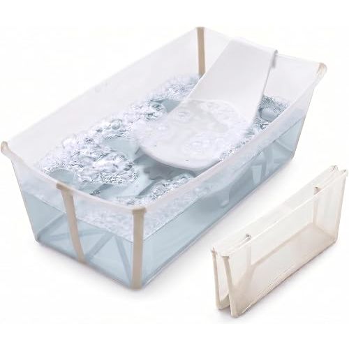 Stokke Flexi Bath Bundle, Sandy Beige - Foldable Baby Bathtub + Newborn Support - Durable & Easy to Store - Convenient to Use at Home or Traveling - Best for Newborns & Babies Up to 48 Months