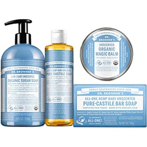 Dr. Bronner's Baby Unscented Gift Set - Pure-Castile Liquid and Bar Soaps, Organic Magic Balm, and 4-in-1 Organic Sugar Pump Soap