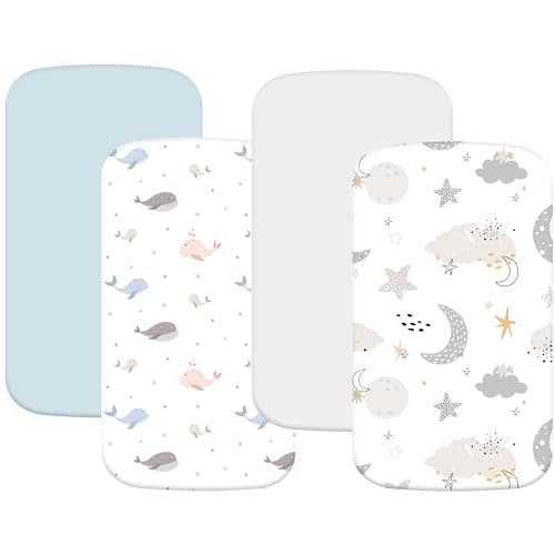 4 Pack Bassinet Sheets (19" x 33"), Compatible with Baby Delight, BabyBond, Dream On Me and Most Rectangle Bedside Sleeper Bassinet Mattress, Soft and Skin-Friendly, Blue Dolphin & Cloud