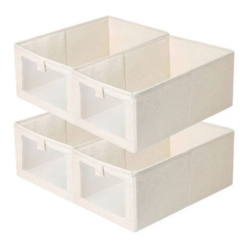 NewHome"4Pcs Foldable Linen Storage Bins with Clear Window & Handles for Closet, Bedroom, & Shelves"Beige