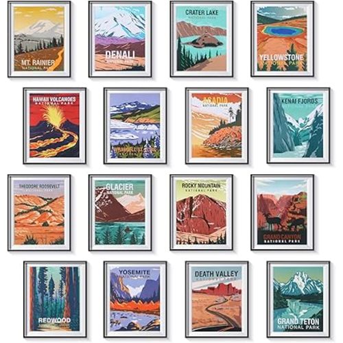 16 Pieces National Park Posters Vintage of 16 Travel Prints Wall Art Abstract Wall Art and Mountain Print Set Abstract Travel Unframed for Living Room Bedroom Bathroom Decor (Vintage Style)