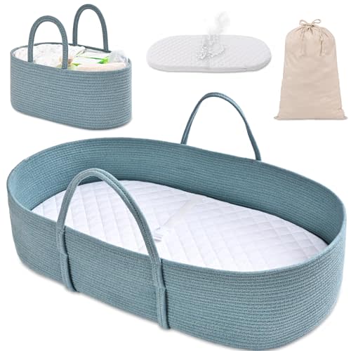 Changing Baskets Set,Moses Basket with Pad and Diaper Caddy,Set of 2 Baskets,Portable Cotton Rope Woven Basket,Replaceable Pad,Gifts for Newborn 28.7" x 15.7" x 7.8"（Blue）