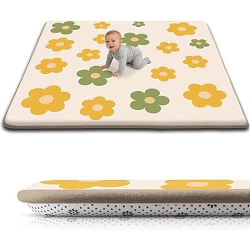 Baby Play Mat for Floor, 1.3-Inch Thickened Foam Soft Padded Playmat for Tummy Time, 50x50 Water-Repellent Coral Velvet Playpen Mat for Toddlers Infant Kids, Floral Prints