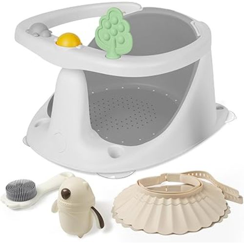 Baby Bath Seat, Removable Armrest and Soft Cushion Sit Up Bathtub Seat for Baby 6-18 Months, Come with Baby Bath Brush + Rinse Cup + Baby Shower Cap, Grey