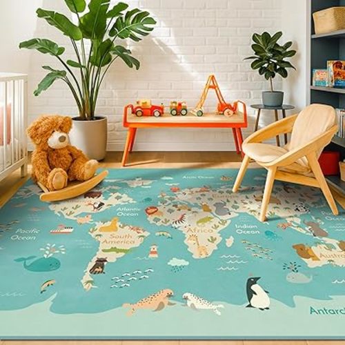 Hazo Haus Washable Large Kids Room Rug with Animal – 6x9 Educational World Map Play Mat for Bedroom – Non-Slip, Stain Resistant, Soft & Safe for Baby, Playroom Essentials - Blue Ocean
