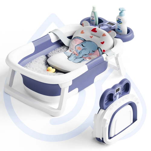 Aprpink Foldable Baby Bathtub Elephant PP+TPE with Soft Cushion&Thermometer for 0-36 Months Toddler Blue