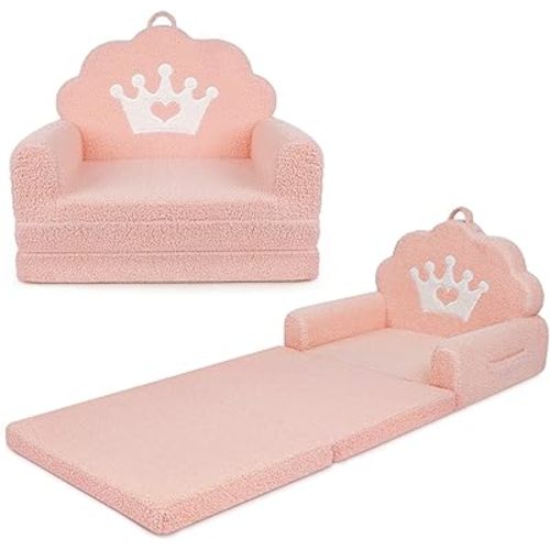 2-in-1 Kids Couch Fold Out, Soft Teddy Sherpa Toddler Couch with Crown Design, Convertible Kids Sofa to Lounger for Nap & Playtime, Comfy Children's Furniture for Boys & Girls, Pink