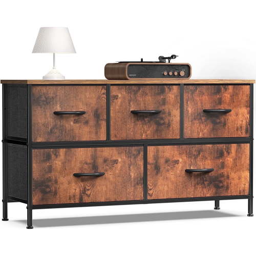ZUNMOS 5 Drawer Fabric Dresser for Bedroom, Chest of Drawer Organizer Storage Cabinet for Closet, Entryway, Rust Brown
