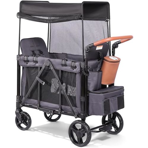 Wagon Stroller for 2 Kids with Insulated Snack Pack Foldable All-Terrain Wagon Stroller, 5-Point Harness & Canopy Parent Organizer Adjustable Handle (Grey)