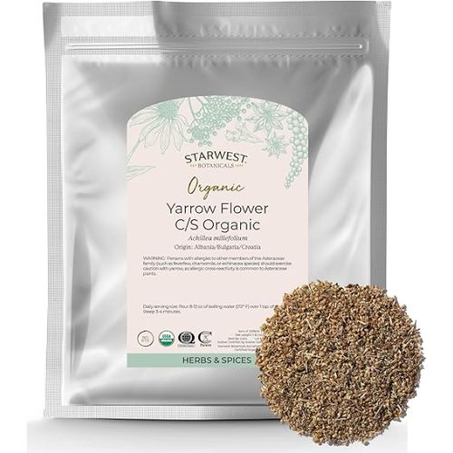 Starwest Botanicals Organic Yarrow Flowers - Dried Loose Leaf Herb for Tea, Cut & Sifted, Certified Kosher, Non-GMO - Bulk 1 lb Bag