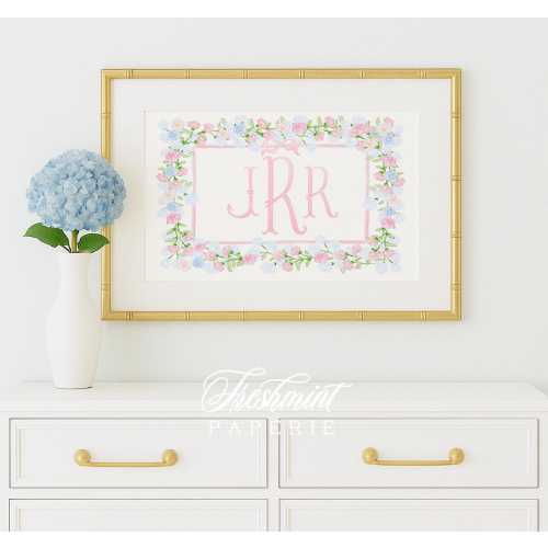 Watercolor Floral Monogram Nursery Art, Pink Bow, Flowers