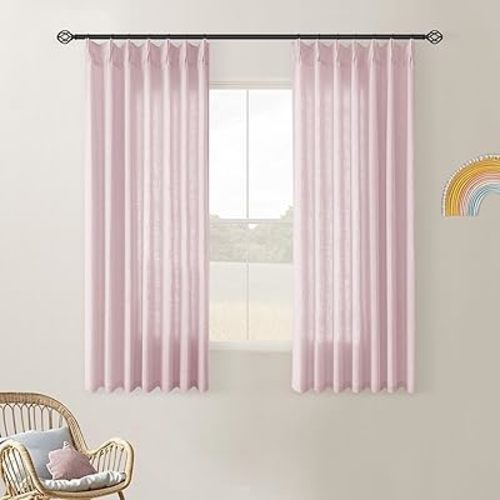 Light Pink Pinch Pleated Linen Cafe Curtains 45 Inch Length 2 Panels for Dining Room Kitchen Bedroom Semi Sheer Pleat Drapes with Hooks Rings Light Filtering Short Window Curtain Cabinet 40x45