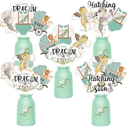 Funmemoir Dragon Baby Shower Decorations - 24PCS Watercolor Dragon Centerpieces Sticks, A Little Dragon Is on the Way, Dragon Hatching Soon Baby Shower Table Decorations