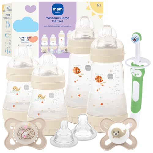 MAM Welcome Home Baby Gift Set, Easy Start Anti-Colic+ Bottles & Pacifiers | Easy Start Anti-Colic Bottles (2X 5oz, 2X 9oz) & 2 Pacifiers , Extra Nipples, Training Toothbrush, Made In Europe