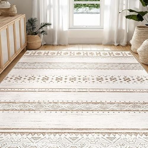 BESTSWEETIE 6x9 Area Rugs for Living Room Washable Moroccan Farmhouse Neutral Geometric Low Pile Non-Slip Soft Print Pattern Rug for Bedroom Kitchen Dining Room Entryway Cream/Brown/Pink
