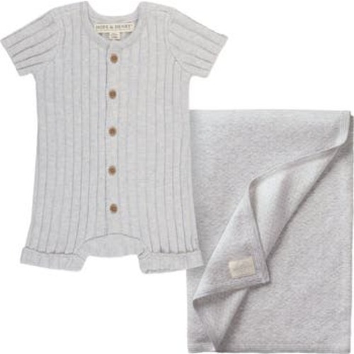 Baby Shortie Romper & Jacquard Blanket Gift Set, 0-3M