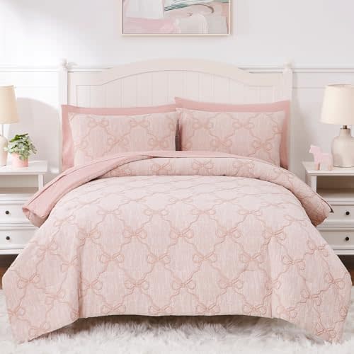 Full Size Comforter Sets with Sheets for Girls-7 Pieces Bow Bed in A Bag | Soft Jacquard Full Size Bedding Sets with Pink Comforter, Pillowcases & Shams, 76" X 86"