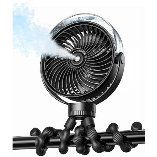 Misting Stroller Fan – Portable Baby with Spray Cooling 4 Speeds Quiet Rechargeable Fans for Travel Outdoor Golf Cart Car Seat Beach (Black)