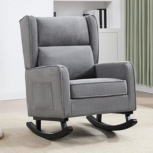 Nursery Rocking Chairs, Sherpa Rocking Chair Nursery for Mom Nursery Rocker with High Backrest and Solid Wood Legs, Modern Wingback Accent Chairs for Reading Living Room Bedroom, Dark Grey
