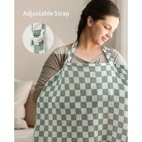 Blissful Diary Muslin Nursing Cover for Breastfeeding, Breathable Breastfeeding Cover up with Arch Neckline for Women, Nursing Apron (Sage Checkboard)