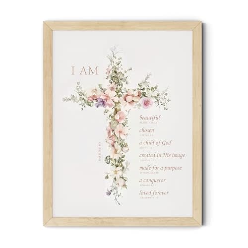 TwoDays Baptism Gifts for Girl, Floral Bible Verse Cross Christening Wall Art for Kids Christian Confirmation Keepsake, First Communion Party Decor for Boys (8" X 10", Nature Wood Framed)