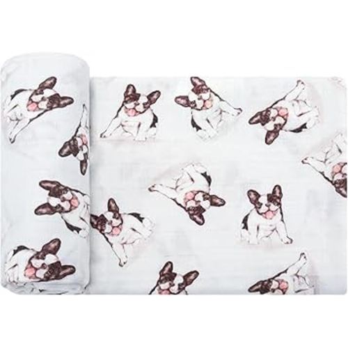 LifeTree Baby Swaddle Blankets Dog, Muslin Swaddle Blankets Boys Girls Swaddling Wrap Receiving Blanket for Newborn, 70% Viscose from Bamboo and 30% Cotton, Large 47" x 47", French Bulldog