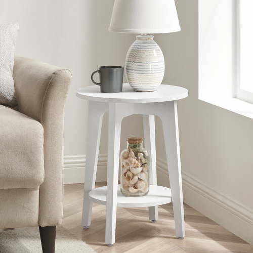 VASAGLE, Side Table, 2-Tier, Small Round End White
