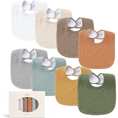 Konssy 8-Pack Muslin Baby Bibs, Adjustable Fit for Drooling and Teething