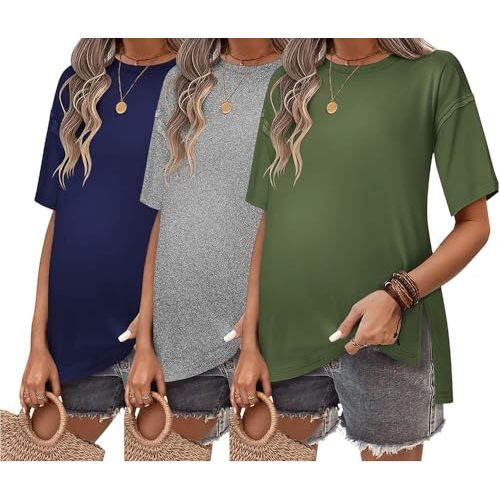 Ekouaer Maternity Shirts 3 Packs Short Sleeve Womens Pregnancy Tops Split Side Postpartum Blouse Clothes Navy Blue/Light Gray/Army Green M