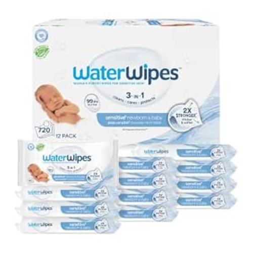 WaterWipes Sensitive+ Newborn & Baby Wipes, 3-In-1 Cleans, Cares, Protects, 99.9% Water, Unscented & Hypoallergenic, 720 Count (12 Packs)
