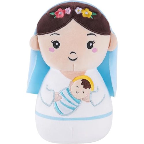 Virgin Mary Plush Doll, 8-Inch Mother Mary Stuffed Plushie Pillow Holding Baby Jesus, Catholic Toys for Kids, Baby Nativity Scene Set, Catholic Gifts for Boys Girls Nursery Decor